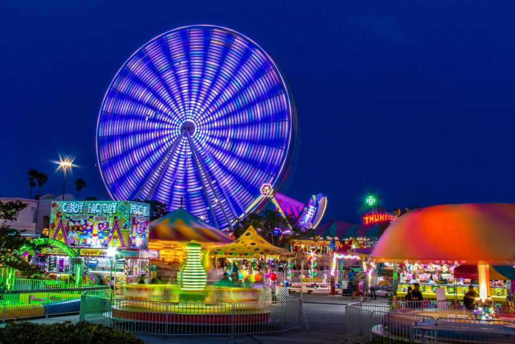 an amusement park at night